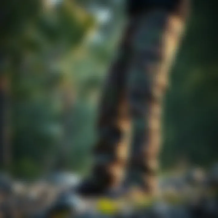 Flare camo pants showcased in a natural outdoor setting