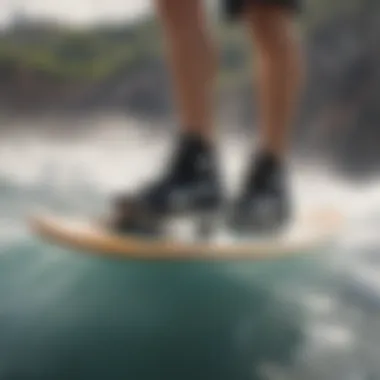 Close-up of the flow rider's feet on the surfboard, showcasing balance and technique