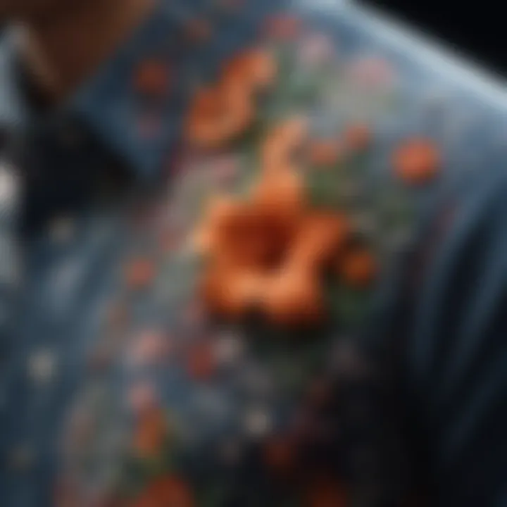 Close-up of intricate floral patterns on a button-up shirt showcasing craftsmanship.