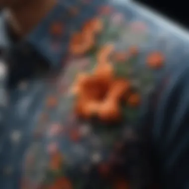 Intricate Floral Patterns on Button-Up Shirt Close-up of intricate floral patterns on a button-up shirt showcasing craftsmanship.