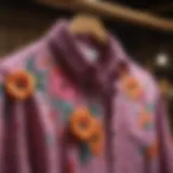 A vibrant flower button-up shirt displayed elegantly on a wooden hanger.