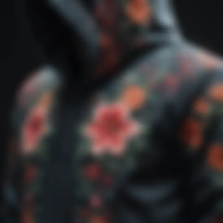 A close-up of a flowered hoodie showcasing intricate floral patterns