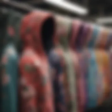 A variety of flowered hoodies displayed on hangers in a shop