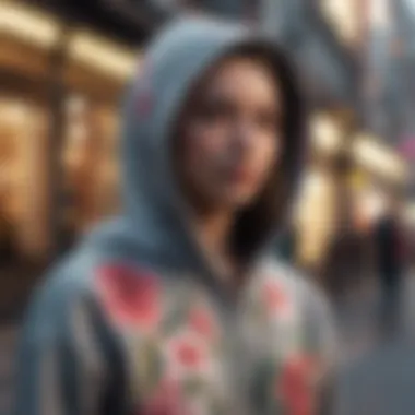 A vibrant street scene featuring individuals wearing flowered hoodies