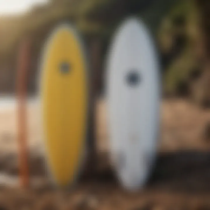 A comparison image showing a foamie surfboard next to a traditional surfboard, emphasizing differences.