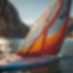 A close-up view of a freeride windsurf board showcasing its sleek design and vibrant colors.