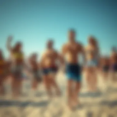 Community Engagement through Boardshort Fashion Local community members engaging in a beach event wearing stylish boardshorts