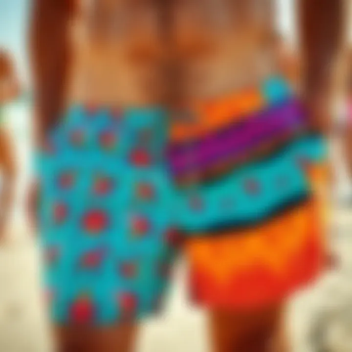 Vibrant Patterns in Boardshorts Vibrant boardshorts with humorous patterns on display at a beach