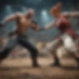 Dynamic scene showcasing characters in an intense fighting game match