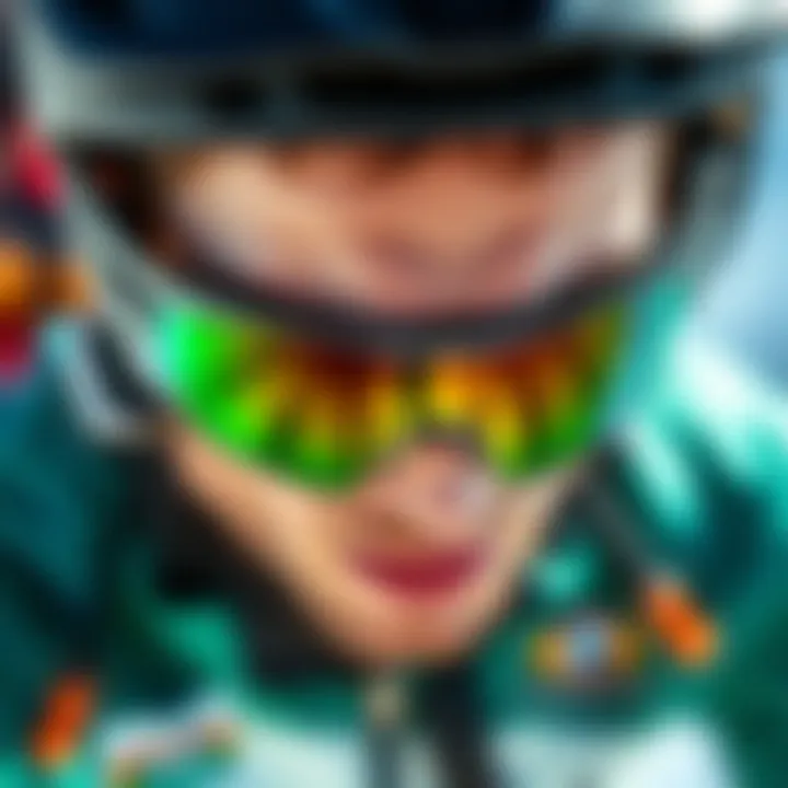 An athlete wearing grey green sunglasses while participating in an extreme sport