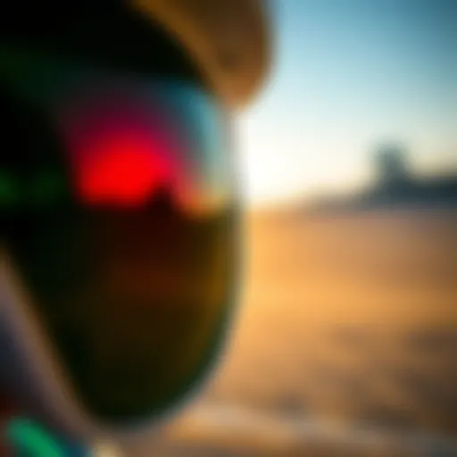 A close-up view of grey green sunglass lenses reflecting a vibrant outdoor scene