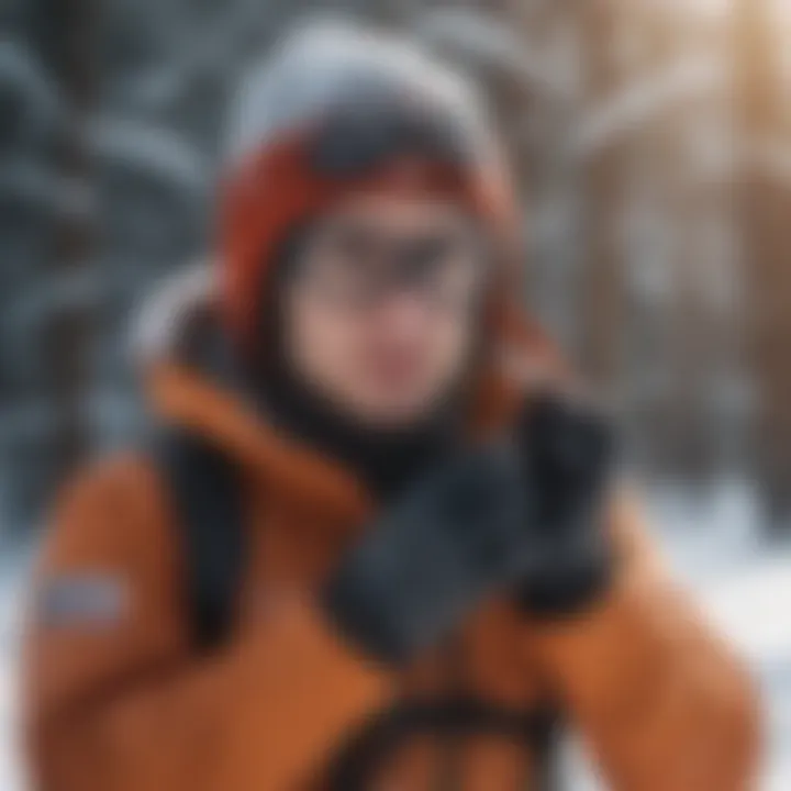 An adventurer using lightweight snow gloves while engaging in a winter outdoor activity