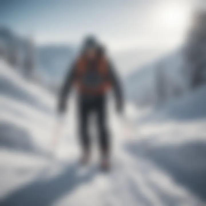 A skier wearing lightweight snow gloves while navigating a snowy slope