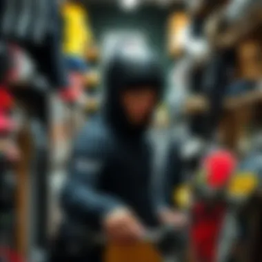 A skateboarder browsing through accessories in a small independent shop