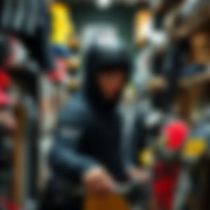 A skateboarder browsing through accessories in a small independent shop