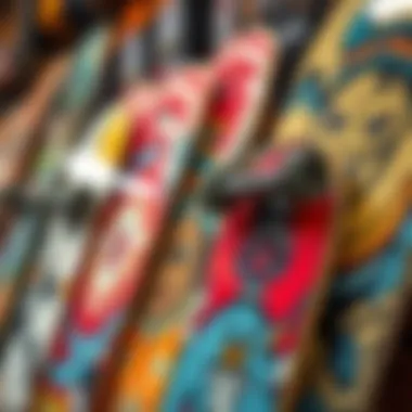 A close-up of unique skateboard decks showcasing artistic designs