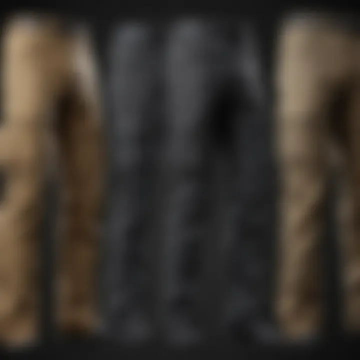Different styles of cargo pants laid out for comparison