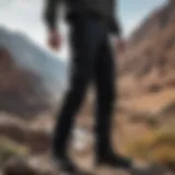 Stylish black cargo pants on a rugged terrain