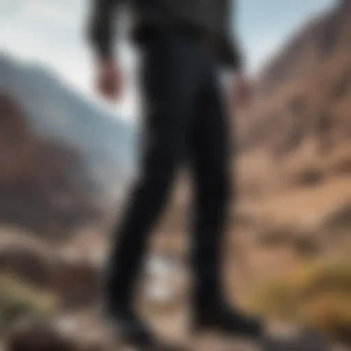 Stylish black cargo pants on a rugged terrain
