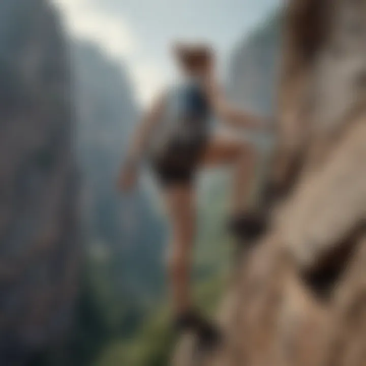 A rock climber wearing loose fitting cut off shorts on a cliff