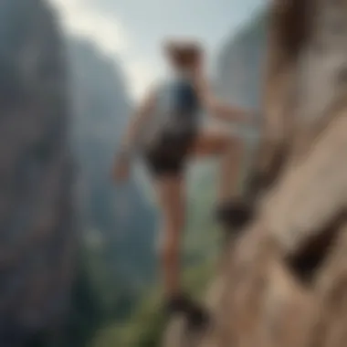 Climbing High: Mobility and Style in Loose Fitting Cut Off Shorts A rock climber wearing loose fitting cut off shorts on a cliff