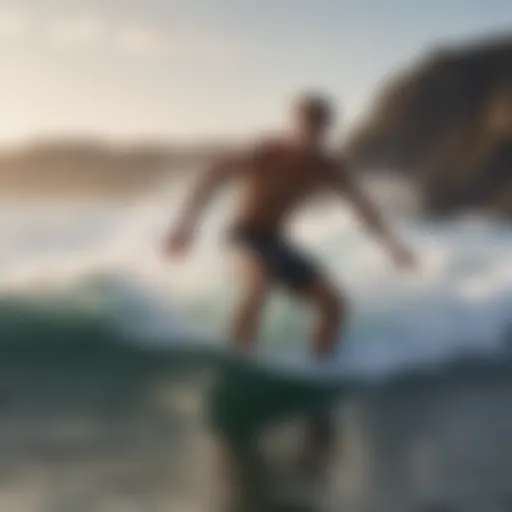 A surfer wearing loose fitting cut off shorts riding a wave