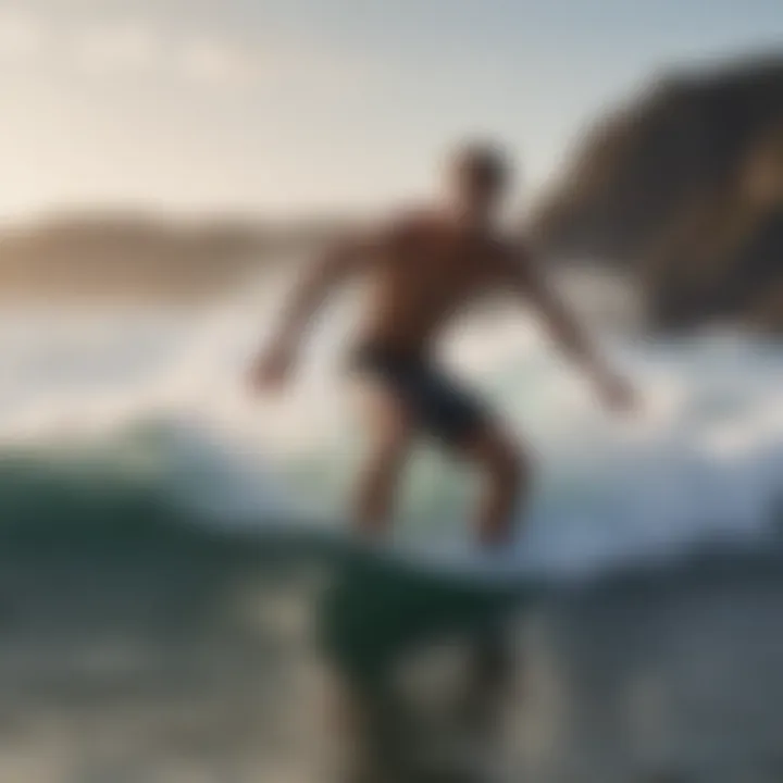 A surfer wearing loose fitting cut off shorts riding a wave
