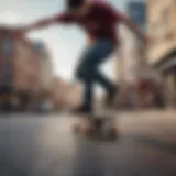 A skateboarder performing a trick on a Nora skateboard in an urban setting.