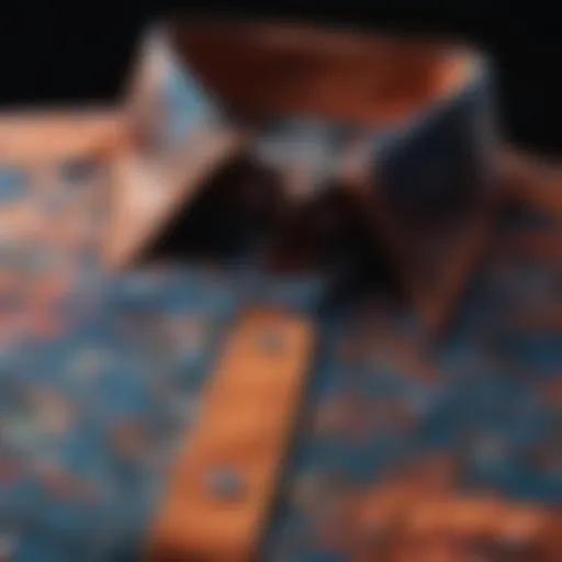 A close-up of a vibrant novelty button down shirt showcasing unique patterns