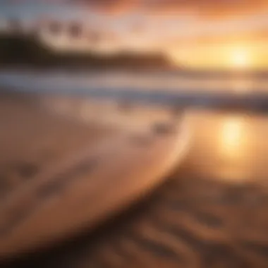 Sunset Serenity: Board Ready for Action Surfboard resting on the sandy beach at sunset