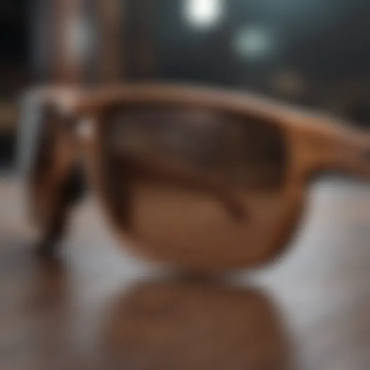 Close-up view of Oakley wooden sunglasses showcasing intricate craftsmanship.