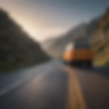 A scenic road with a van driving towards the horizon