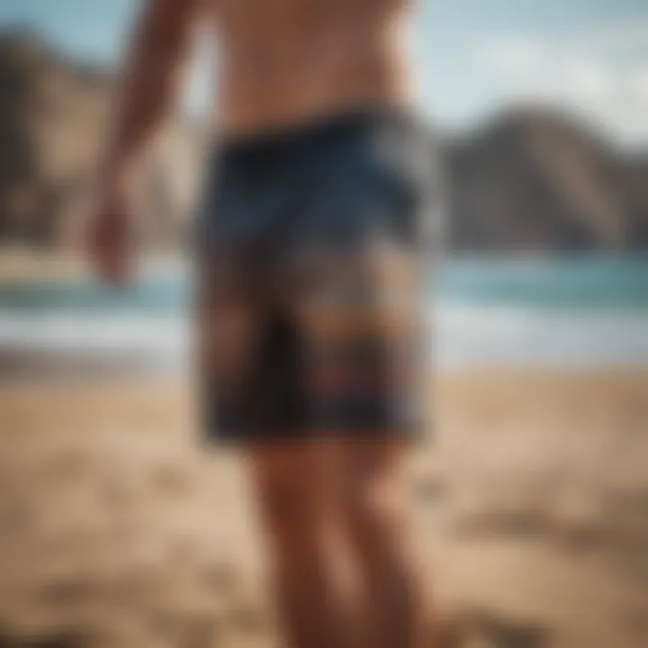 Stylish board shorts displayed against a beach backdrop