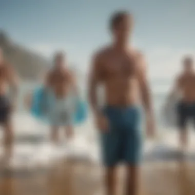 Group of surfers wearing various board shorts brands