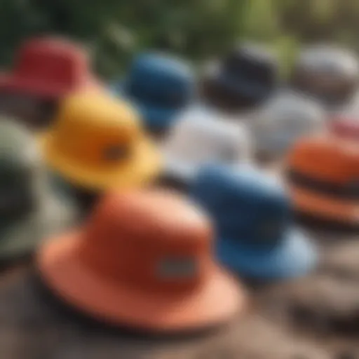 A vibrant collection of printed bucket hats displayed in an outdoor setting