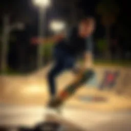 A dynamic skateboarder performing tricks at a skate park