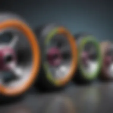 A close-up of skateboard wheels emphasizing different sizes and materials.