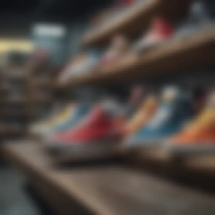 A vibrant display of small skate shoe brands in a retail setting