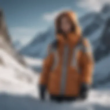 Stylish snow jackets displayed on a scenic snowy mountain backdrop