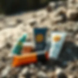 Sun Bum skin care essentials laid out on a rocky outdoor surface