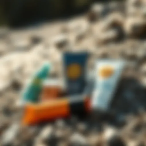 Sun Bum skin care essentials laid out on a rocky outdoor surface