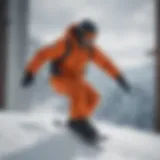 Dynamic action shot of an athlete wearing the Airblaster Work Jacket during a snowboarding descent.