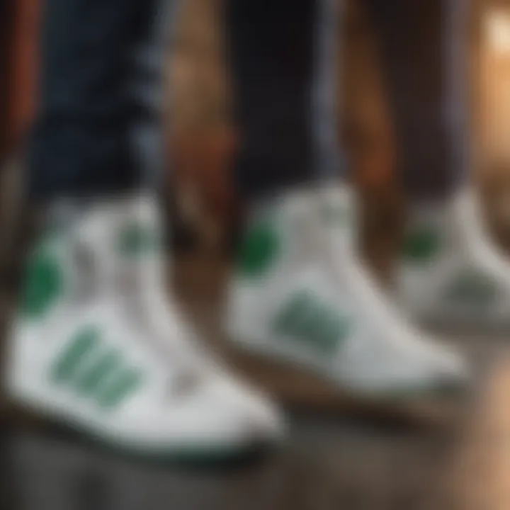 Stylish group of extreme sports enthusiasts showcasing their gear, including green and white Adidas high tops