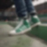 A close-up of green and white Adidas high tops on a skate park ramp