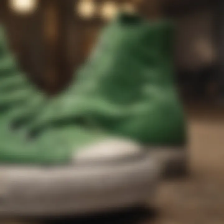 Close-up of green Chuck Taylors showcasing design details