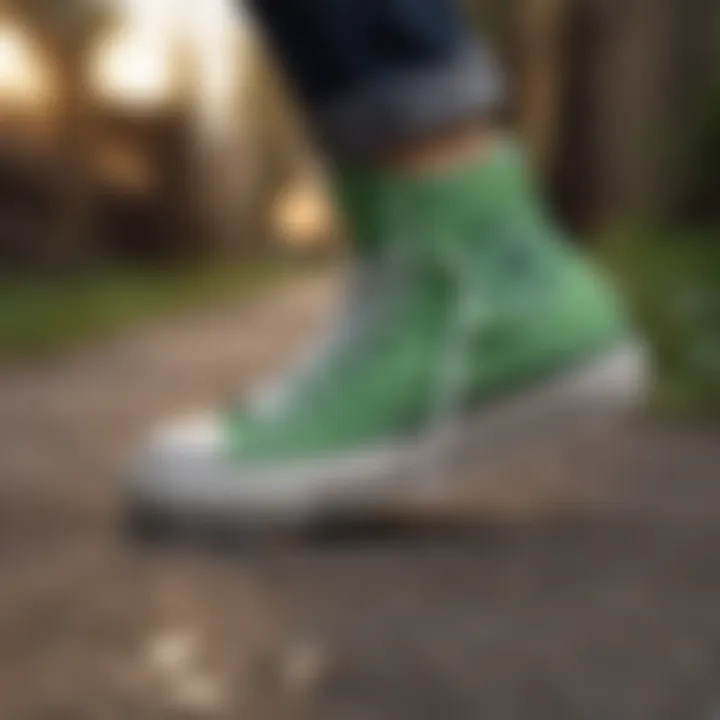 Green Chuck Taylors paired with casual streetwear