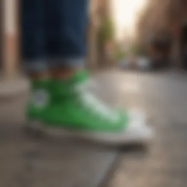 Vibrant green Chuck Taylors on a city street