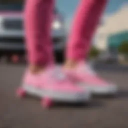 Vibrant hot pink checkered Vans on a skateboard