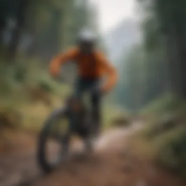 A vibrant mountain biking trail with a cyclist donning a Minecraft long sleeve shirt