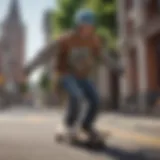 A dynamic scene of a skateboarder wearing a Minecraft long sleeve shirt